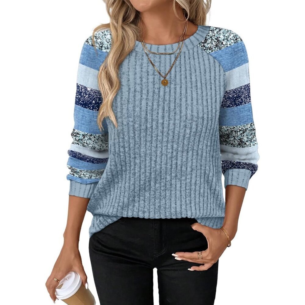Women's sky Blue Stripes Color Block Long Sleeve Shirt Lightweight Sweater - Picture 2 of 5